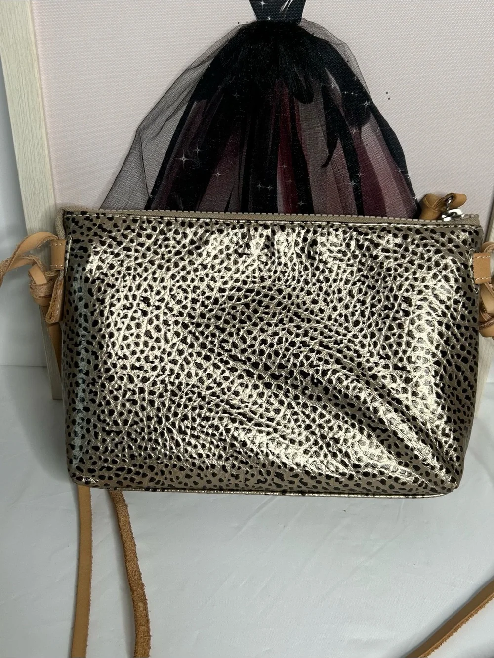 Consuela Metallic Gold Leopard-Print Crossbody with Tan Strap